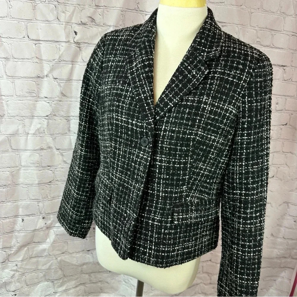 coldwater creek petite black white tween blazer jacket sz 12 wool blend office